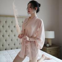 Women's Sexy Sheer Lace Sleepwear Set – Transparent Satin Sleep Robe & Matching Nightgown with Boyfriend Shirt Style thumbnail