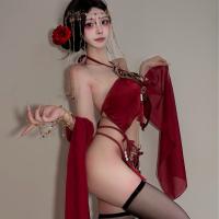 Vintage Chinese Belly Dance Bodice Set - Embroidered Lace Cheongsam Wrap with Tassels & Sheer Cutouts thumbnail