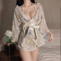 Japanese-Style Sexy Lace Kimono Robe Set - Sheer Chiffon Three-Piece Outfit with Floral Print & Hot Uniform Design thumbnail