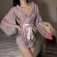 Japanese-Style Sexy Lace Kimono Robe Set - Sheer Chiffon Three-Piece Outfit with Floral Print & Hot Uniform Design thumbnail