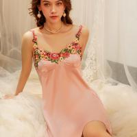 Spring Blossom Embroidered Satin Sleep Dress - Sexy Silk-Look Loungewear for Women, One-Piece Pajama Set thumbnail