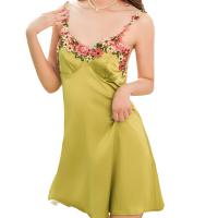Spring Blossom Embroidered Satin Sleep Dress - Sexy Silk-Look Loungewear for Women, One-Piece Pajama Set thumbnail