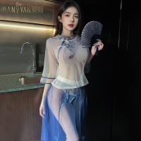 Mannyan Lingerie Set - Vintage Chinese Qipao Costume, Sheer Student Uniform Sleep Dress with Floral Print thumbnail