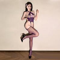 Sexy Open-Crotch Stocking Bodysuit - Black Mesh Lace Bodycon Sheer Lingerie for Women thumbnail
