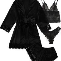 European Women's Lace Sleepwear Set - Sexy Matching 4-Piece Pajama Set for Plus Size & Curvy Women thumbnail