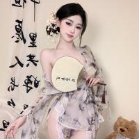 Sensual Butterfly Print Sheer Kimono Robe Set - Deep V-Neck Lace-Up Sleepwear & Lounge Ensemble thumbnail