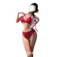 Sensual Red New Year Lace Bikini Set - Adjustable Tie-Front Erotic Lingerie Three-Piece Outfit thumbnail