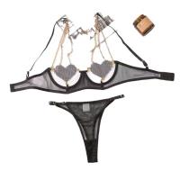 Red Lace Sexy Bra Set - Hollowed-out European and American style push-up lingerie set with sheer details thumbnail
