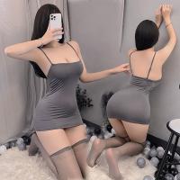 Women's Sensual Fairy-Themed Ice Silk Slip Dress with Backless Design & Maid-Inspired Striped Set thumbnail