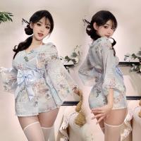 Japanese-Style Sexy Lace Kimono Robe Set with Embroidery & Bow Detail - Seductive Sleepwear Outfit