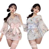 Japanese-Style Sexy Lace Kimono Robe Set with Embroidery & Bow Detail - Seductive Sleepwear Outfit thumbnail