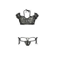 Summer Off-Shoulder Lace Sleepwear Set for Women – Floral Mesh Bralette & Matching Bottoms with Adjustable Ties thumbnail