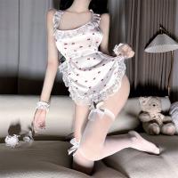 Cherry Maid Lace Sleepwear Set – Sexy Cherry Print Busty Nightgown with Bow-Tie Straps & Sheer Trim