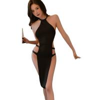 Qingran Sexy Ice Silk Black High-Waist Split Bodycon Nightdress Set – Elegant Lingerie Sleepwear Ensemble thumbnail