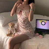 Qing Lian Yi Sexy Sleepwear for Women – Cherry Print Lace-Trimmed Cami Slip Dress with Built-in Pads, Pure & Alluring Lo thumbnail