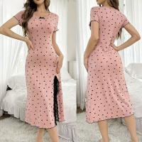 New Fashionable Lace Trim Sleep Dress for Women – Sexy Bodycon Short Sleeve Midi Nightgown with Side Slit & Heart Print thumbnail