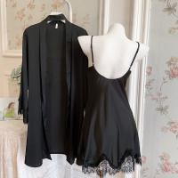 Soft Pure Allure Lace-Trimmed Cami Sleep Dress & Matching Robe Set – Silky Ice Silk Two-Piece Pajama Set thumbnail