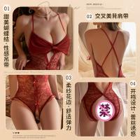 Manyan New Year Lace Bodysuit with Bow & Open-Crotch Design - Sexy Lingerie Sleepwear for Flirty Nights thumbnail