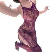 Plus Size Sexy Lingerie Dress - Lace Sheer Slip Dress with Chain Detail & High Slit Cheongsam Style Nightgown thumbnail