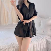 Mannye Qing Sheer Seductive Shirt Dress - Pure & Tempting Backless Lounge Nightwear for Women thumbnail