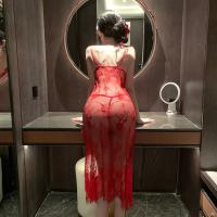 Sexy Purple Lace Temptation Long Dress Sleepwear - High-Slit Sheer Mesh with Underwire Push-Up Support thumbnail