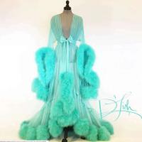 Sexy Feather Sheer Nightgown -European and American Style Long Sleeve Lace Trim Sleep Dress with Flared Sleeves & Train thumbnail