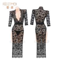 Feimu Plus Size Deep V-Slit Sheer Lace Dress - Sexy Lingerie with Cheeky Cutout & No-Remove Design thumbnail