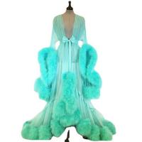 Elegant Feather Sleeve Runway Gown Sleepwear Set - Sheer Luxe Rabbit Fur Look Dress with Dramatic Train thumbnail