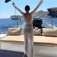 Sexy Backless Beach Dress for Women – Summer Vacation Long Sleeve Sheer Cover-Up Dress with Tropical Style thumbnail