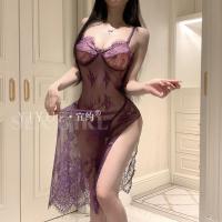 Yiyue Sexy Purple Lace Nightgown - Sheer High-Slit Sleepwear with Underwire Push-Up Support for Women thumbnail