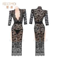 Feimu Plus Size Deep V-Slit Sheer Lace Dress - Seductive See-Through Evening Gown with Butt Exposure thumbnail