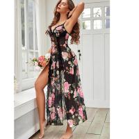 Lace Trim Strap Nightgown - Sexy Sheer Split Front Sleepwear with Floral Print,Europe and America-Inspired Erotic Linger thumbnail
