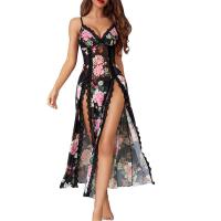 Lace Trim Strap Nightgown - Sexy Sheer Split Front Sleepwear with Floral Print,Europe and America-Inspired Erotic Linger thumbnail