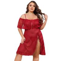 Plus Size Sexy Lace Sleepwear Set - Sheer Off-Shoulder Cami Dress with Transparent Mesh & Floral Embroidery thumbnail