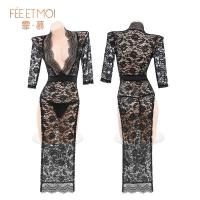 Feimu Plus Size Deep V-Slit Sheer Lace Dress - Seductive See-Through Evening Gown with Butt-Revealing Cutout thumbnail
