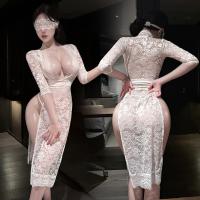 Feimu Deep V Lace Sheer Long Dress - Sexy Open-Crotch Sleepwear, No-Remove Seductive Lingerie thumbnail