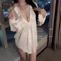 Women's Spring Summer Ice Silk Sleepwear Set – Lace Trim White Shirt Dress & Shorts, Pure & Alluring Loungewear thumbnail