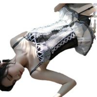 Sexy Lace Cat Maid Corset Set - Plus Size Underwire Push-Up Bodysuit with Detachable Straps & Sheer Mesh Dress thumbnail