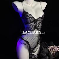 Women's Sensual Pearl-Chain Strap Bodysuit - Sheer Deep V Lace Sleepwear with Open-Crotch Design thumbnail