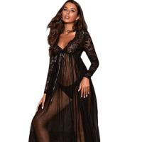 Lace Mesh Sheer Long Nightgown for Women – Sexy Transparent Sleep Dress, No Underwear Included thumbnail
