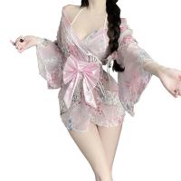Japanese Kimono-Style Lingerie Set - Sheer Open Robe, Floral Embroidered Bra & Panty, Butterfly-Themed Seductive Outfit thumbnail