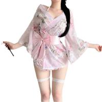 Japanese-Style Sexy Lingerie Set - Sheer Chiffon Kimono Robe & Matching Thong Bralette Outfit thumbnail