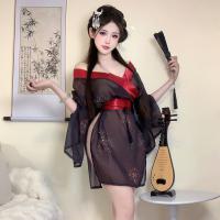Japanese-Style Sexy Lingerie Kimono Set - Pure & Tempting No-Remove Sleepwear in Black with Floral Print thumbnail