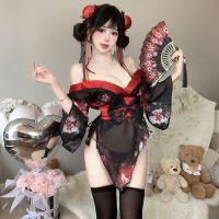 Women's Seductive Japanese-Inspired Lace Kimono Set - Sheer Backless Robe with Alluring Floral Print thumbnail