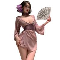 Purple Allure Lace Hanfu-Inspired Sensual Sleepwear – Wives' Seductive Wide-Sleeve Off-Shoulder Backless Robe thumbnail