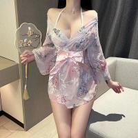 Japanese-Style Sexy Lace Kimono Robe Set - Sheer Chiffon 3-Piece Outfit with Floral Embroidery for Women thumbnail