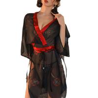 Fish Joy Seductive Lingerie Set - Japanese-Inspired Black Kimono Sleepwear, No-Remove Pure-Desire Outfit with Floral Pri thumbnail