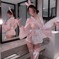 Candy Pink Bunny Lingerie Set - Playful Sweet Girl Aesthetic Corset & Kimono Waist Cincher with Butterfly Print