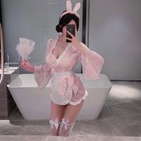 Candy Pink Bunny Lingerie Set - Playful Sweet Girl Aesthetic Corset & Kimono Waist Cincher with Butterfly Print thumbnail