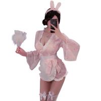 Candy Pink Bunny Lingerie Set - Playful Sweet Girl Aesthetic Corset & Kimono Waist Cincher with Butterfly Print thumbnail